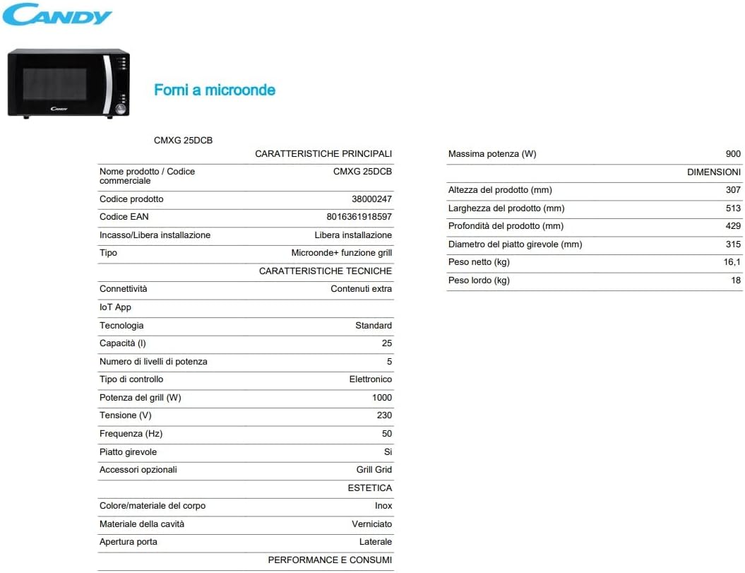 Candy CookinAPP CMXG 25DCB Forno a Microonde con Grill, 900 W, 25 Litri, 40 Programmi Automatici, App hOn, Blocco Bambini, 51,3x42,9x30,7 cm, Inox