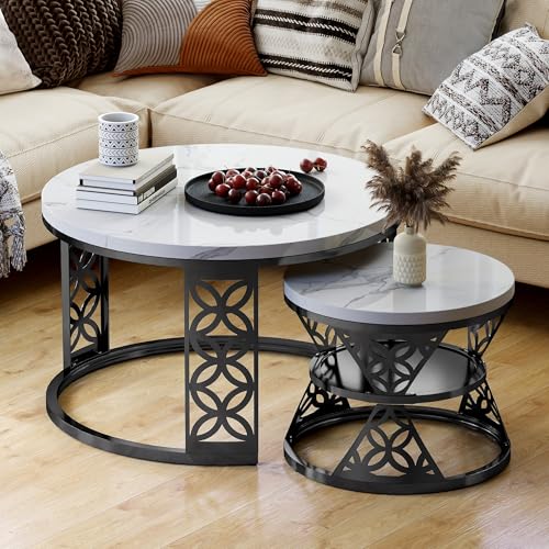 okwish Table Basse Gigogne Ronde 2 Pièces - Plateau Effet Marbre et Piètement Métal Noir Empilable pour Salon - Blanc et Noir