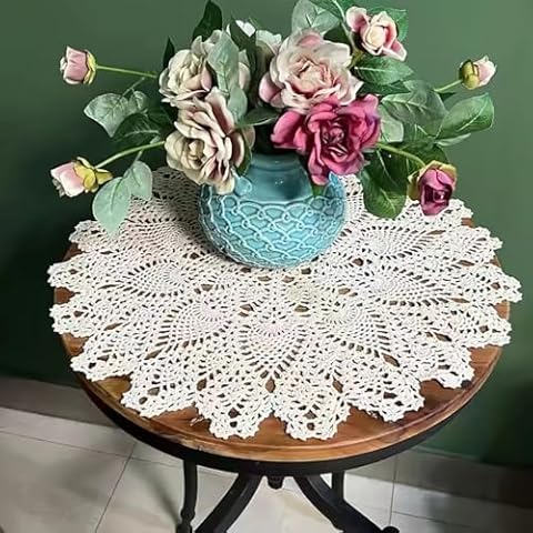 Polkar Cotton Handmade Crochet Lace Tablecloth Table Doilies Table Placemats (Beige-1pc-22inch-F) Cover