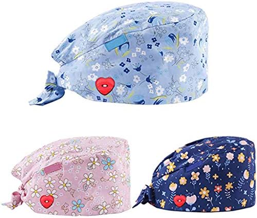 3PCS Unisex Working Caps with Soft Sweat Band Bouffant Hat, with Button for Holding Mask Work Hat