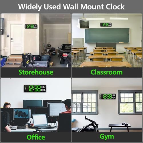 Image of EASEPRES 16 inch Digital Wall Clock with Remote Control - LED Display, Auto-Dimming, Countdown Timer, Temperature & Calendar - 12 /24 Hour Format, ABS Rectangle Design (Green+White)