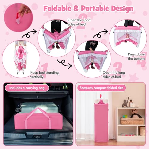 Image of BABY JOY 4 in 1 Pack and Play with Canopy, Portable Baby Playard with Bassinet, Double-Layer Baby Crib, Wheels & Brake, Foldable Baby Girl Pink Princess Bassinet from Newborn to Toddler