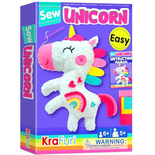 KRAFUN Kit de Costura Unicornio para Niños 7+ Años, Muñeco Peluche Unicornio, Fieltro, Instrucciones, Caja Reutilizable, Juguete Educativo