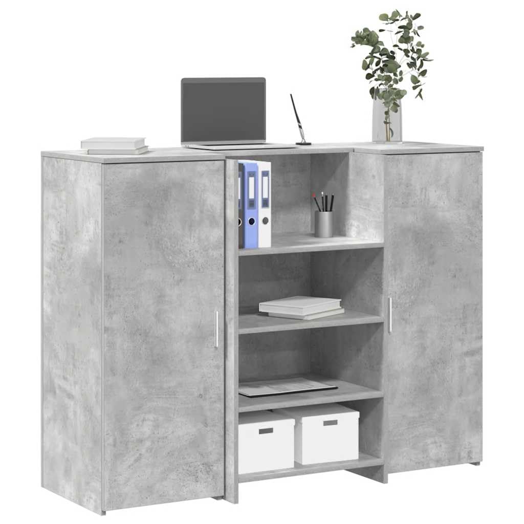 Mesita de recepción gris hormigón 135 x 50 x 103,5 cm de material de madera con mostrador integrado y espacio de almacenamiento, con armario para oficina, oficina en casa y recepción