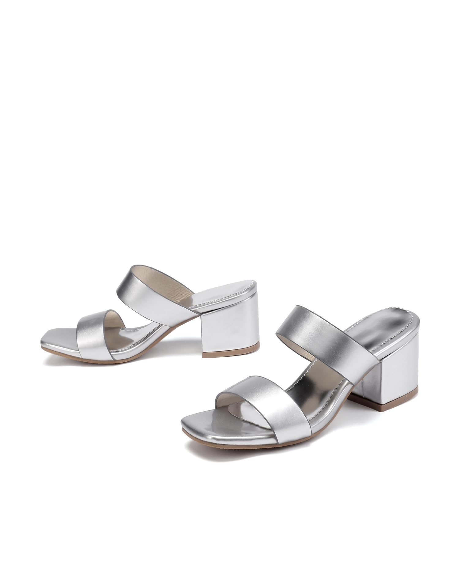 YEGBFLFF Women's Heeled Sandals Two Strap Heels Block Chunky Square Open Toe Slip on Heeled Slipper for Party Dress Daily Heels. (Silver,9)