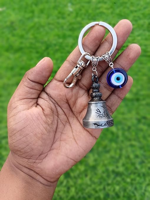 Image of Silver Guardian Bell Keychain for Bike & Motorcycle - Tibetan Lucky Charm with Evil Eye | Metal Rider Protection Bell | Biker Motorcycle Accessories Gift