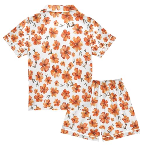 senya Orange Flower Satin Summer Pajama Sets Silk Short Sleeve Button Down Sleepwear2