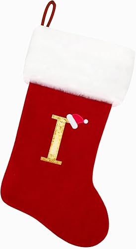 Medias de Navidad con monograma de terciopelo rojo de 20 pulgadas con puño de felpa blanca súper suave, medias de Navidad bordadas personalizadas