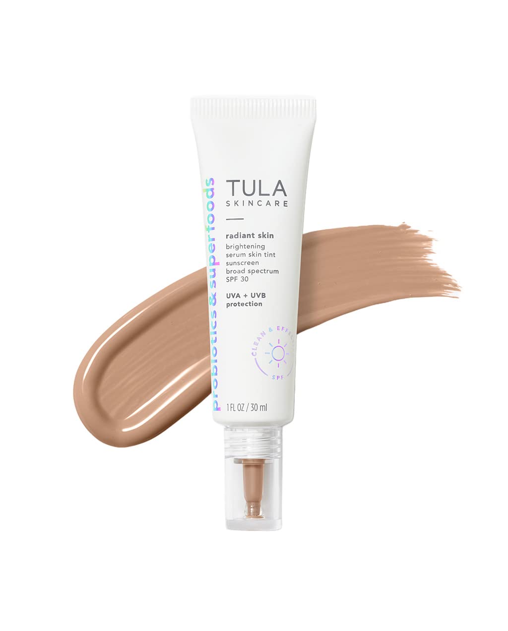 TULASkin Care Radiant Skin Brightening Serum Skin Tint SPF-Facial Sunscreen Provides Broad Spectrum SPF 30 Protection, Tinted, Serum-Light Formula Brightens and Evens Skin-Shade 11, 1.0 fl oz.