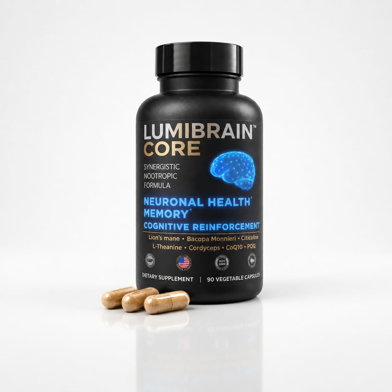 LumiBrain™ CORE Brain Supplement for Memory and Focus, Caffeine-Free Nootropic for Brain Energy, 90 Capsules