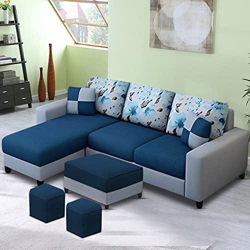 Image of Orland 4 Seater LHS L Shape Sofa with Center Table & 2 Puffy | Color - (Blue Grey Fabric)