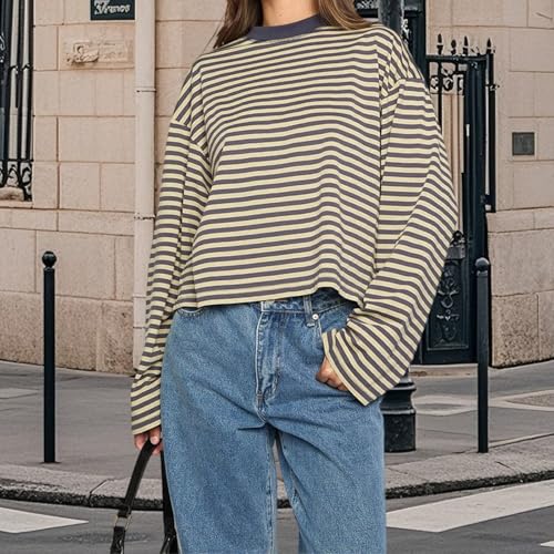 Striped Long Sleeve Shirt Women Y2k Oversized Crewneck Vintage Tops Fall Winter Drop Shoulder Cute Preppy Pullover4
