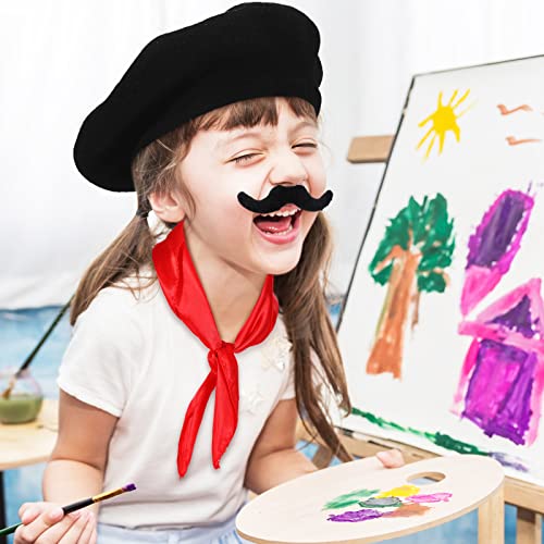 12 Set Felt Beret Hat For Kids Paris Costume Accessories Decorations Black French Beret Hat Bulk Artist Beret Party Hats With Red Scarf And Fake Mustache For Birthday Fancy Costume Performance Cosplay #TOP4