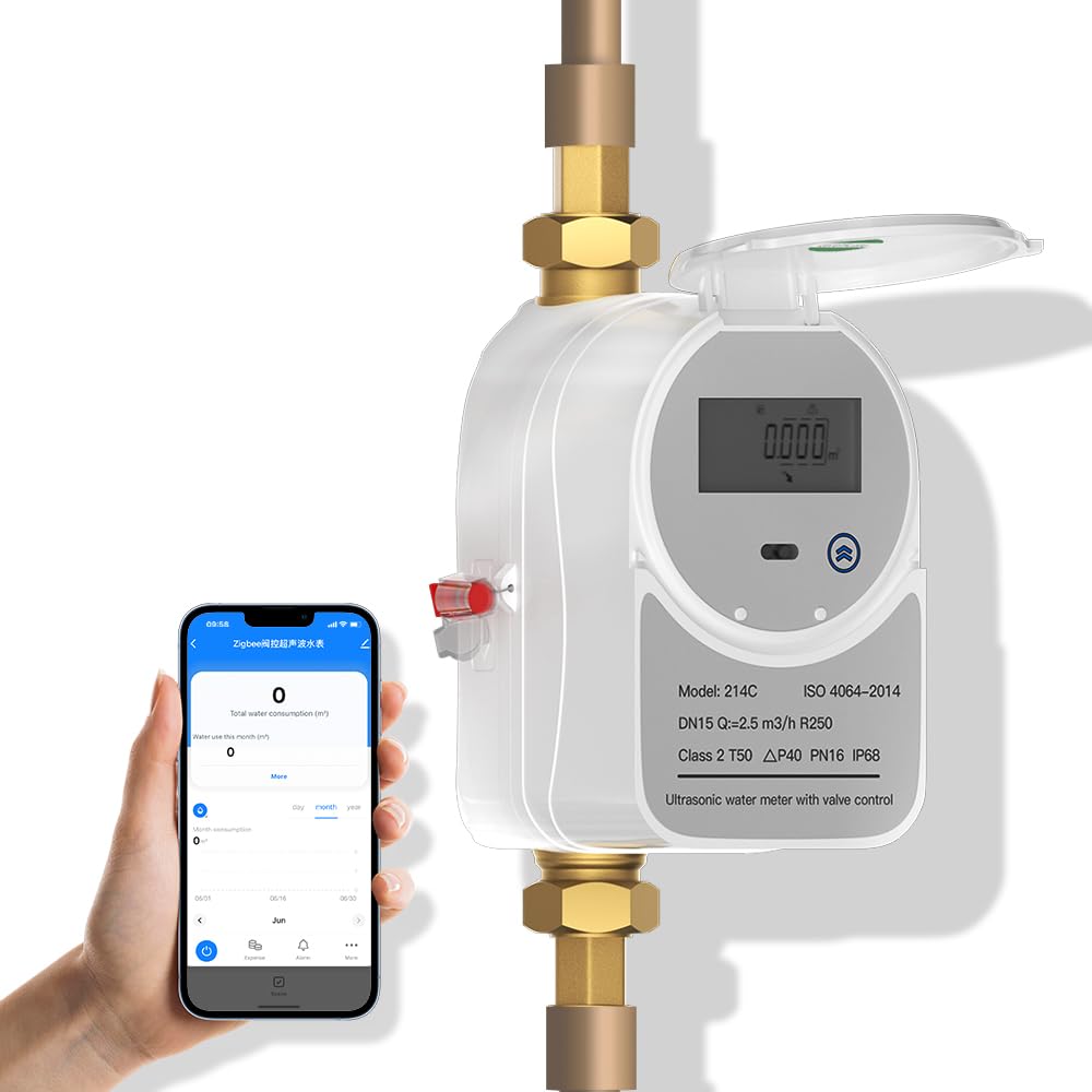 Zigbee Smart Water Meter with Shutoff Valve & LCD Display 214C- Works with Tuya Smart & Home Assistant, Battery-Powered, Remote Flow Monitoring, Zigbee Hub Required (1 inch, DN25)