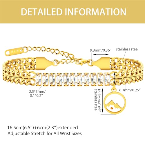 Image of Ladies Gold Double Cuban Chain, Tennis Zircon Charm Mountain /Round Mustard Seed Pendant Bracelet for Women Mom Religion Faith Jewelry