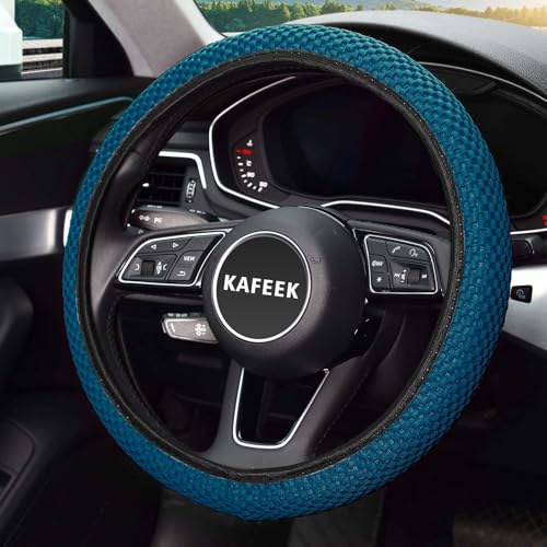 Image of KAFEEK Elastic Stretch Steering Wheel Cover, Breathable Ice Silk Microfiber, Non-Slip Grip, Warm in Winter and Cool in Summer, Odorless, Car Accessories Fit Cars, Sedans, SUVs, Sky Blue