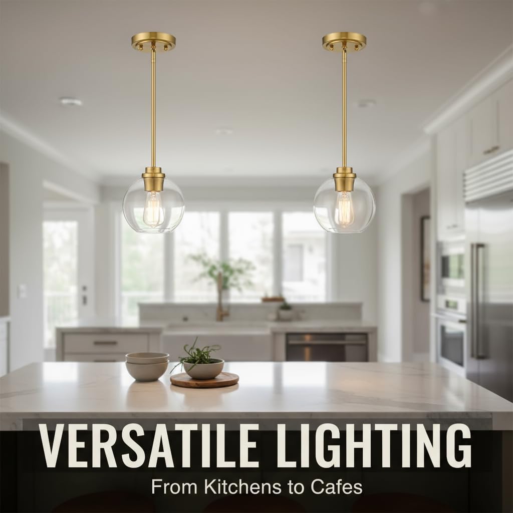 Gold Pendant Light, 7 Inch Clear Glass Farmhouse Hanging Fixture, Adjustable Height & Sloped Ceiling Compatible for Kitchen Island Dining Room Entryway Bedroom Hallway, 2 Pack
