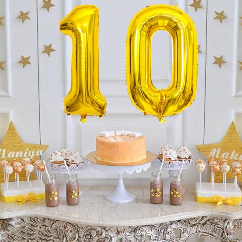Image of SINBEE Gold 10 Number Balloon, 40 Inch Mylar Foil Reusable Party Decoration for Birthday, Anniversary, Ceremony, Business Event