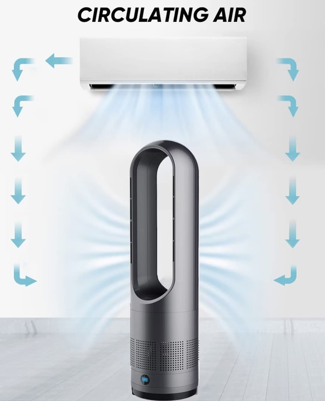 Nowoczesny wentylator wieżowy bez łopatek do użytku domowego, naturalne chłodzenie wiatru 40 W, oscylacja 80° z pilotem zdalnego sterowania, 8 prędkości, 8-godzinny zegar, wyświetlacz LED,