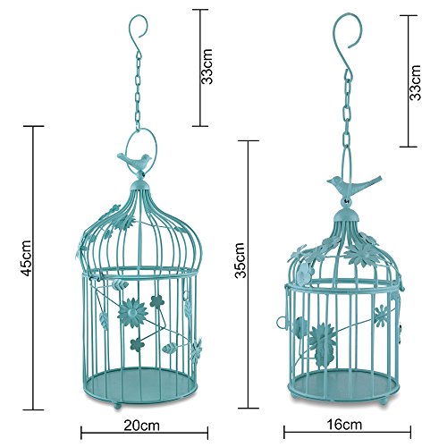 Image of Homesake Hot Turquoise Hanging Metal Lantern Candle Holders Set of 2 with Floral Vine & Hanging Chain | Decorative Tealight Candle Lanterns for Balcony, Garden, Living Room, Wedding & Home Decor