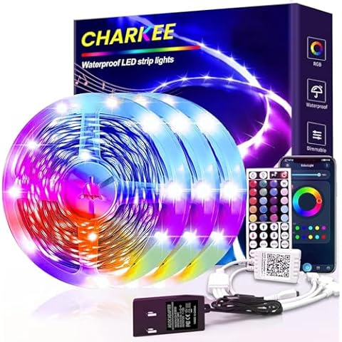 CHARKEE 100ft IP65 Bluetooth led Strip Lights Waterproof Outdoor Tape Lights with Remote Bluetooth Smart App 5050 RGB Color Changing Light Strips Led Lights for Bedroom Kitchen Outdoor Patio Decor Cover