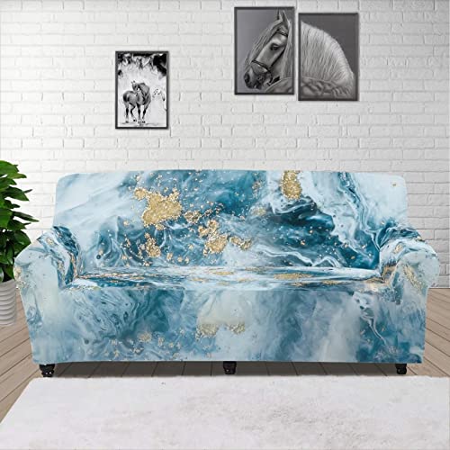 Afpanqz Blue Marble Design Sofa Covers Durable Chair Sofa Slipcover Spandex Non Slip Soft Couch Covers 1Pcs Furniture Protector With Non Skid Foam Elastic Bottom, 74.8" To 90.6" Sofa 3 Seater #TOP12