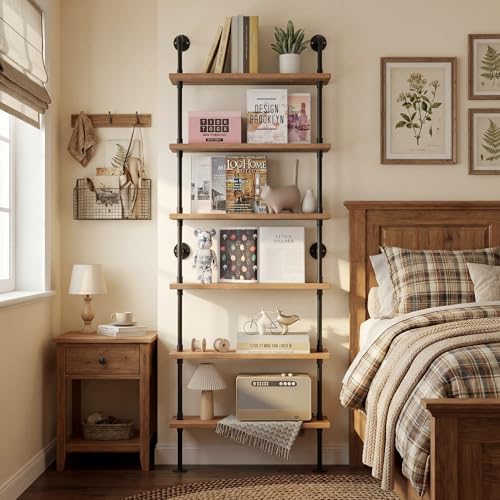 Anynice Pipe Industrial Shelves, Wall Mounted Wood Metal Ladder Rustic Bookshelf (Weathered Brown, 6 Tier - 10" D x 30" W x 82.5" H)