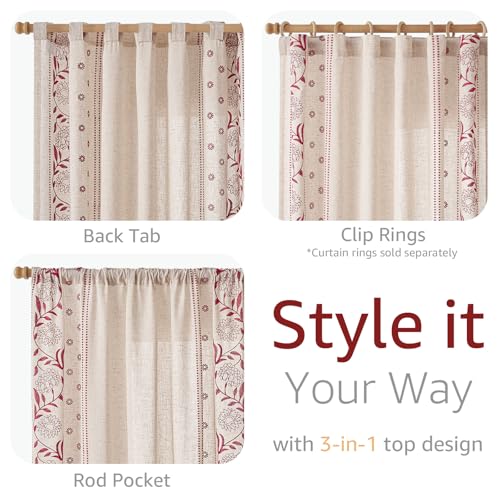 Image of jinchan Burgundy Linen Curtains for Living Room 63 inch Back Tab 2 Panels
