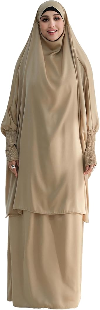 Muslim Women Abaya Two Pieces Set Prayer Dress Elasticated Sleeves Islamic Robe Modest Full Cover Prayer Clothes