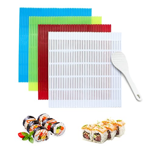 LIUCONGBD 4 unidades de plástico antiadherente para sushi, rodillo de sushi hecho en casa, kit de construcción con remo de arroz, alfombrilla de sushi japonesa para la cocina en casa, alfombrilla para