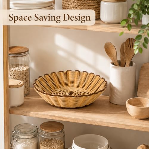 Image of Multi-Use Wicker Serving Basket for Bread, Fruits & Snacks | Round Rattan Style Food Basket | Table Organizer for Home, Restaurants, Cafes & Hotels