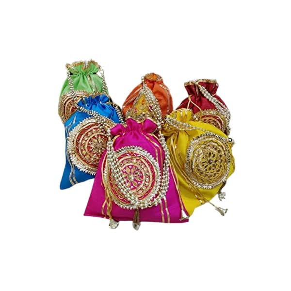 Gifting Bells Gotapatti Big Size Potlis with Chain Handle Potli Velvet with Gota Patti Potli Purse Women Handbag Handicrafts Handmade Decorative Pure Silk Jaipuri Resh Potlis