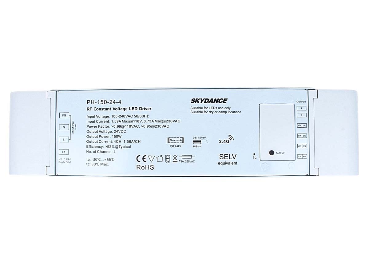 Transformador regulable, 24 V, 150 W, fuente de alimentación CV, regulador de presión de 4 canales con botón N.O. y mando a distancia RF de 2,4 G, para tira LED de 12 V