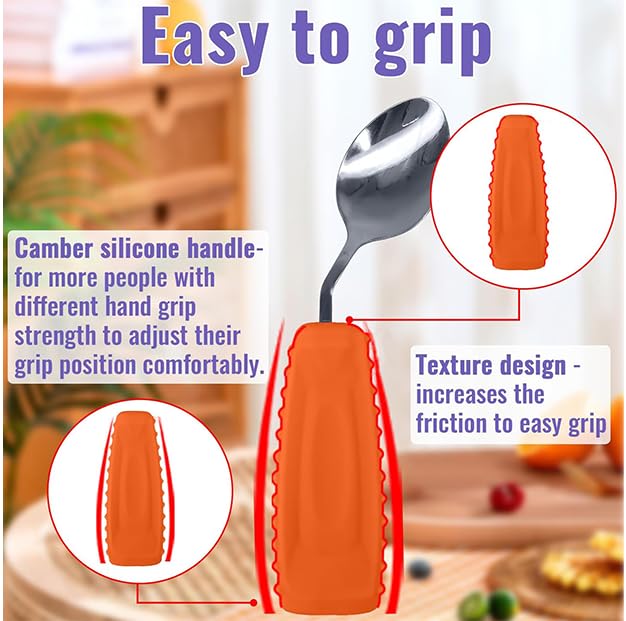 Image of Adaptive Utensils Angled Spoon and Fork for Hand Tremors Parkinsons,Weighted Utensils with Non-Slip Easy Grip Handles for Independent Eating (1pcs Spoon+1pcs Fork=2 pcs,Orange,Left Hand)