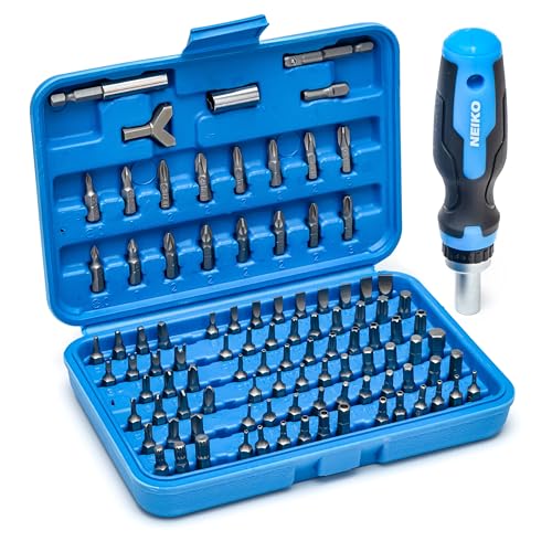 NEIKO 10082A Security Bit Set and Ratcheting Screwdriver | 101 Piece Set | Chrome Vanadium Steel | Screwdriver Bit Set Phillips, Tamperproof Torx Bits, & Flat | 1/4" Hex Shank Magnetic Bit Holder by NEIKO - Used condition - CA$19.84
