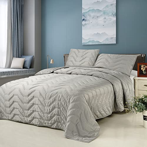 Down Home Satin Silky Lightweight 3 Pieces Quilt Set Coverlet Set Modern Classic Quilting Pattern For All Season Super Soft And Silky Full Queen 88X92Inch Gray #TOP1