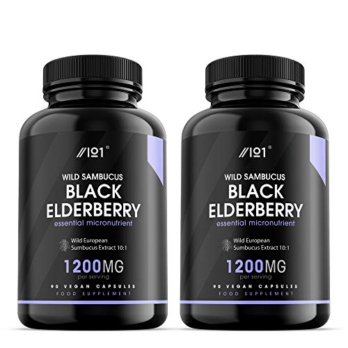Capsule di sambuco nero – 1200 mg – estratto di sambucus selvatico europeo 10:1 – vegano, non GMO, kosher, senza glutine. 90 capsule vegane (2 pezzi)