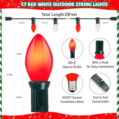 Image of C7 LED Red and White Christmas Lights, 25Ft Outdoor Christmas Decorations Light with 27 Shatterproof LED Bulbs, Hanging Vintage Christmas Lights for Christmas Tree Roofline Holiday Party Backyard