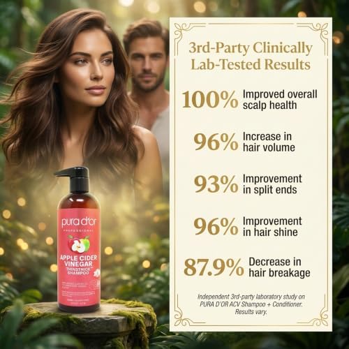 Image of PURA D'OR Apple Cider Vinegar Thin2Thick Shampoo - Biotin, Castor Oil for Reduced Frizz, Split Ends, Clarifying & Detox, No Parabens, No Sulfates, All Hair Types, Men & Women 16 Fl Oz