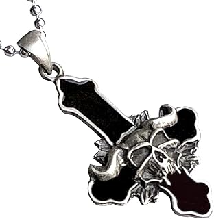 Colar masculino com pingente de pedra punk rock pesado Satânico de caveira de demônio, caveira de demônio, caveira do demônio do Lúcifer Devil, invertida, com corrente de prata