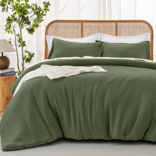 Image of David's Home Cotton Muslin Comforter Set Twin Size, 100% Cotton Cover Ultra-Soft Breathable Skin-Friendly for Spring Summer, 2PCS Linen Like Gauze Bedding Set with Polyester Filling, Olive Green