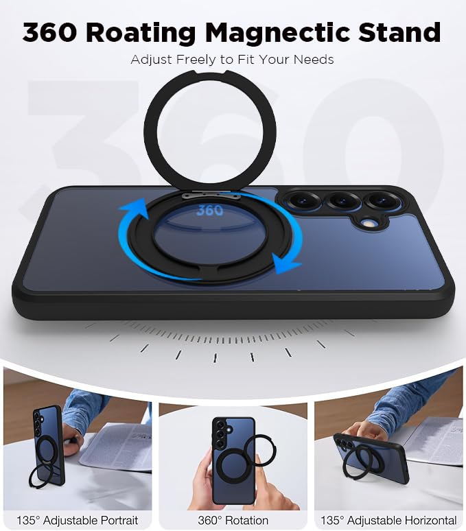 Image of RIGGEAR Shockproof Sleek Hybrid Armor 360 Rotating Magnetic Ring Stand Back Cover Case Compatible with MagSafe Accessories for Samsung Galaxy S25 (Clear PC + Black TPU Bumper)
