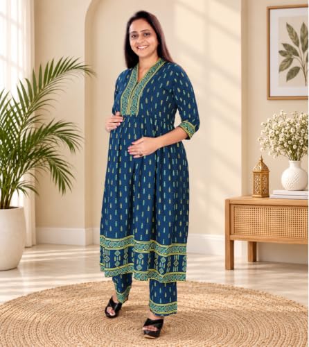 Image of Momenta Women's Pure Cotton Maternity Kurta Set | Feeding Kurti with Concealed Zippers | Maternity Dress for Pre & Post Pregnancy