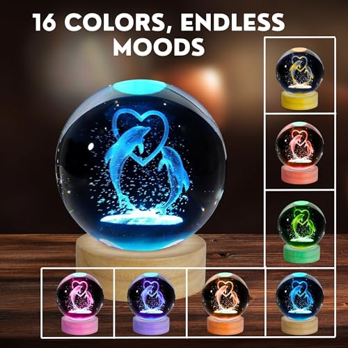 Image of 2 Pcs Magical Unicorn & Heart Dolphin 3D Crystal Ball Lamp | Enchanting Crystal Night Light with USB & Wooden Base | Perfect Home Decor & Office, A Unique Gift for Kids & Girls