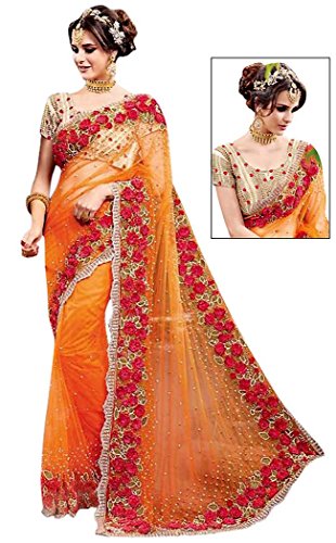 INMONARCH Womens Orange Net Heavy Work Bridal Saree SLKI3801