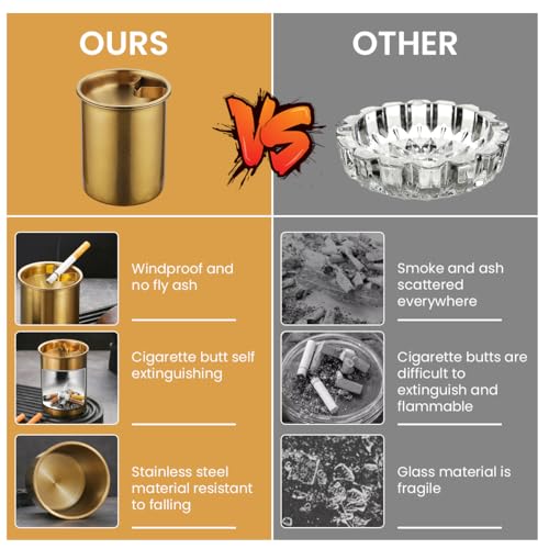 Image of HASTHIP Car Ash Tray Stainless Steel Golden Ashtray, Windproof Ashtray with Cigarette Holder & Funnel Lid, Car Ash Tray Table for Home Office, 3.9 x3.9 x3.9 inches (Golden)