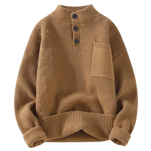 Men Warm Quarter Button Sweaters Mock Neck Sweater Striped Long Sleeve Cable Knit Sweater Solid Jumper Tops Pockets
