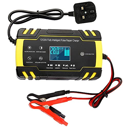 6226128625237, 12V 24V 3-Stage Automatic Trickle Battery Charger Maintainer With LCD Screen Uk Plug for Cars Motorcycles Boat (Uk Plug)