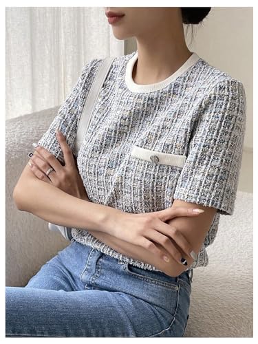 GORGLITTER Women's Plaid Print Tweed T Shirt Button Front Crew Neck Short Sleeve Tee Shirts3