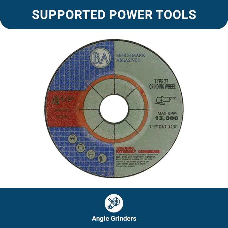 Benchmark Abrasives 4-1/2" Aluminum Oxide Pro Depressed Center Grinding Wheel, 1/4" Thick, 7/8" Arbor for Cutting Grinding Stock Removal on Metal, Steel, Cast Iron - 10 Pack